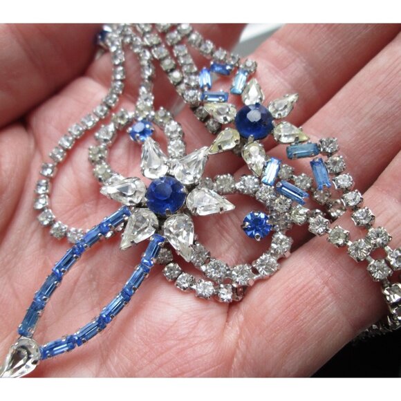 Vintage Statement Necklace by JAY FLEX Clear and Blue Rhinestones Silver Tone - Picture 3 of 6